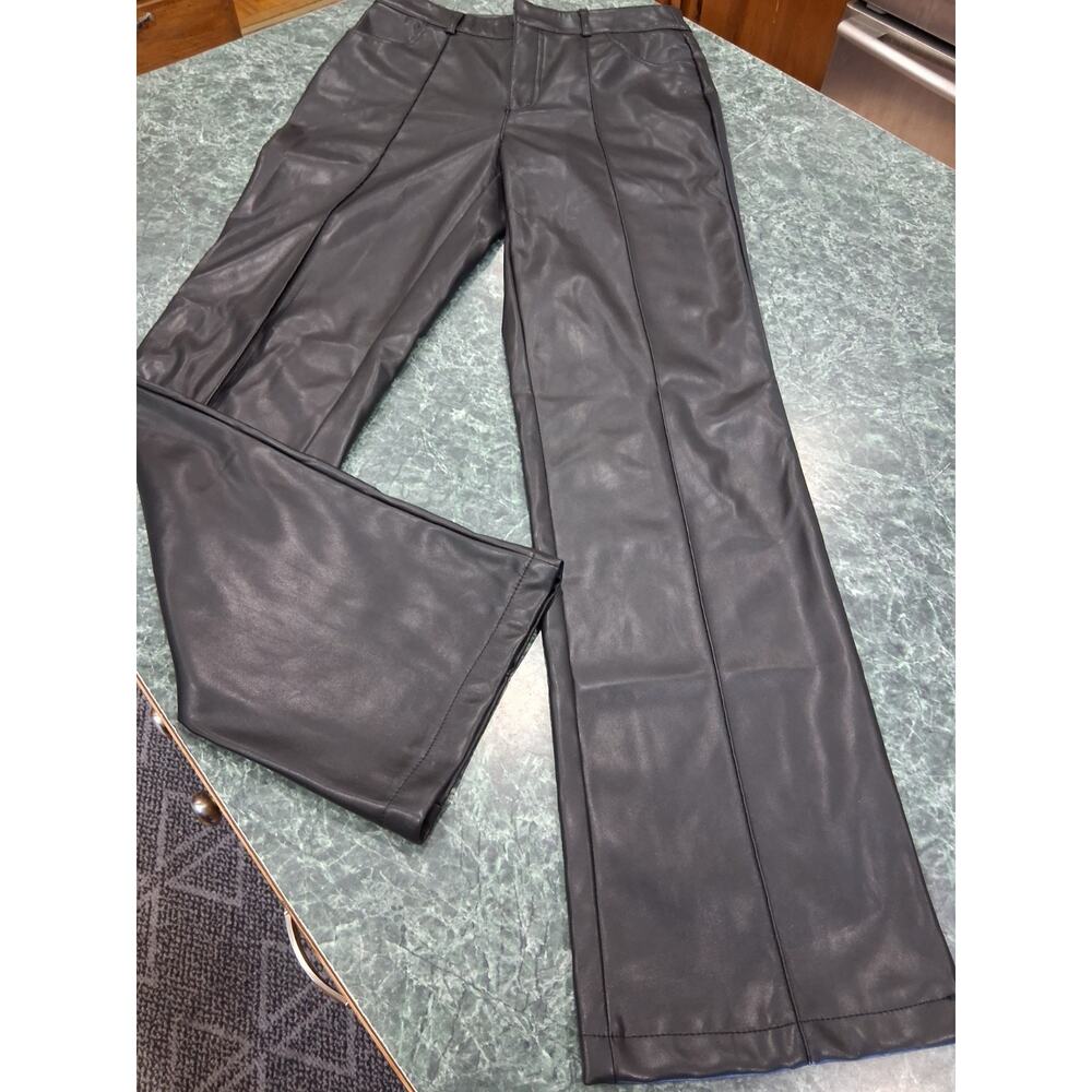 Stradivarius Faux Leather Pants 90s Flare Seams Boot High Rise Black Vegan Sz 6